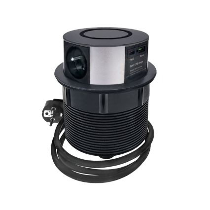 Columna de enchufes para mesa con carga inalámbrica Qi 3x230V + 1xUSB-A + 1xUSB-C negro/plata