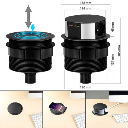 Columna de enchufes para mesa con carga inalámbrica Qi 3x230V + 1xUSB-A + 1xUSB-C negro/plata