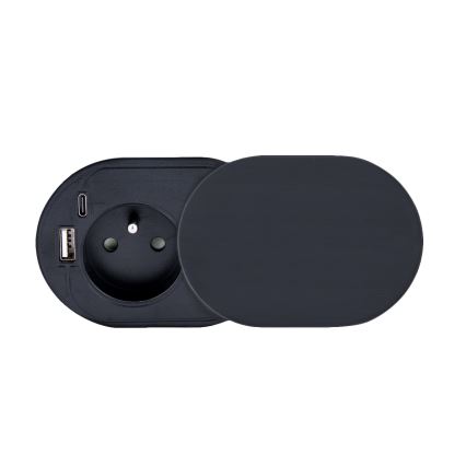 Enchufe empotrable con tapa deslizante 20 W, 1 toma de corriente + USB A+C, negro