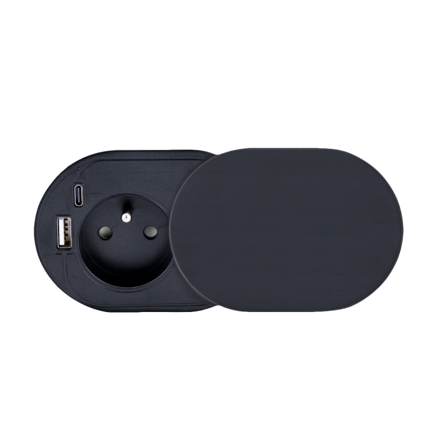 Enchufe empotrable con tapa deslizante 20 W, 1 toma de corriente + USB A+C, negro