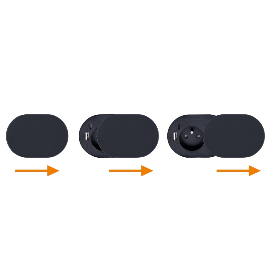 Enchufe empotrable con tapa deslizante 20 W, 1 toma de corriente + USB A+C, negro