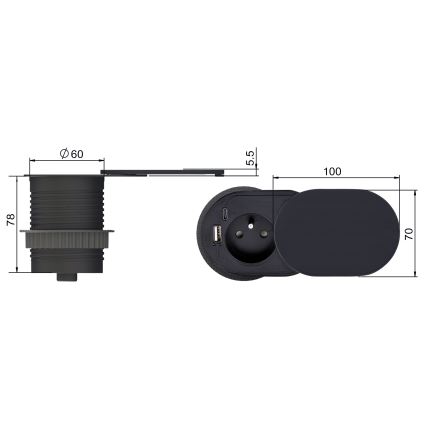 Enchufe empotrable con tapa deslizante 20 W, 1 toma de corriente + USB A+C, negro