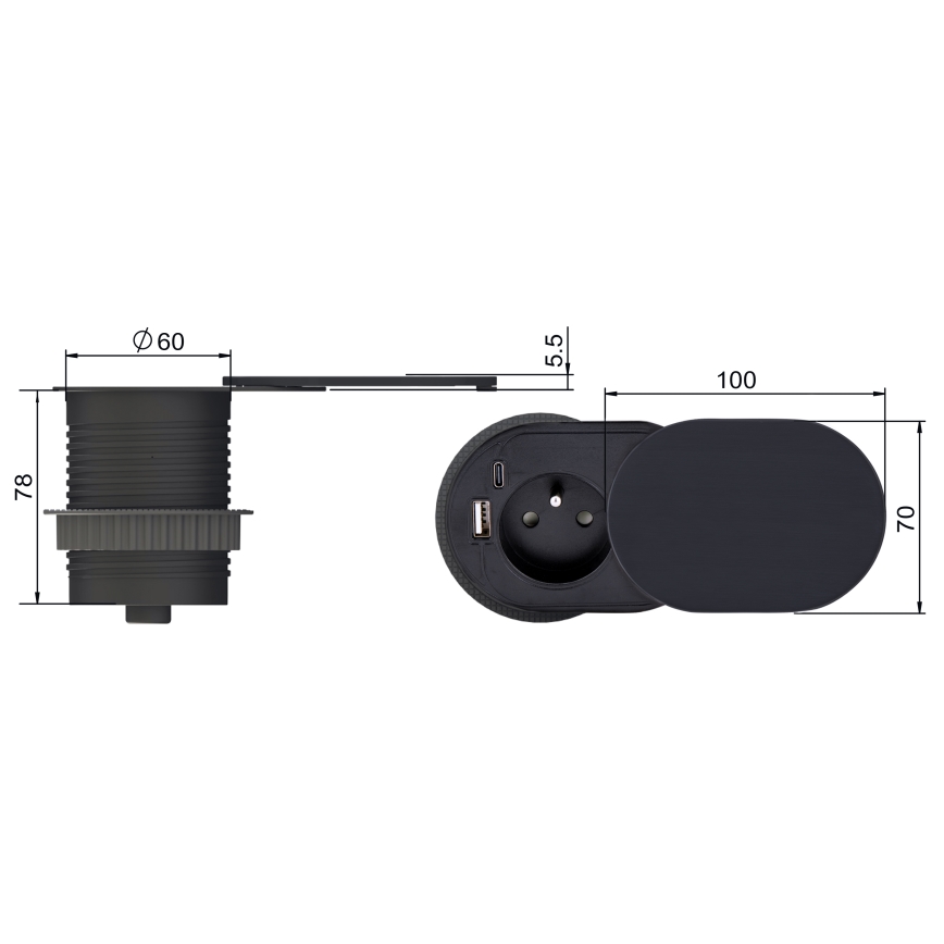 Enchufe empotrable con tapa deslizante 20 W, 1 toma de corriente + USB A+C, negro