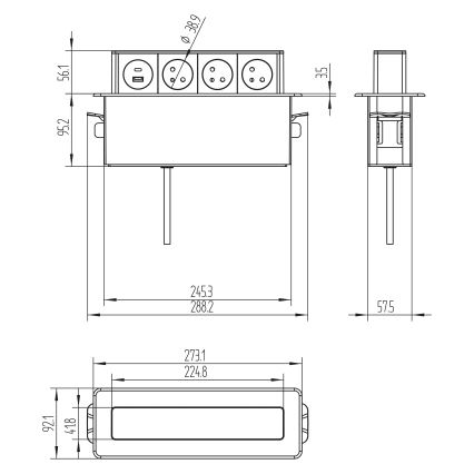 Columna de enchufes para mesa 3x230 V + USB-A + USB-C