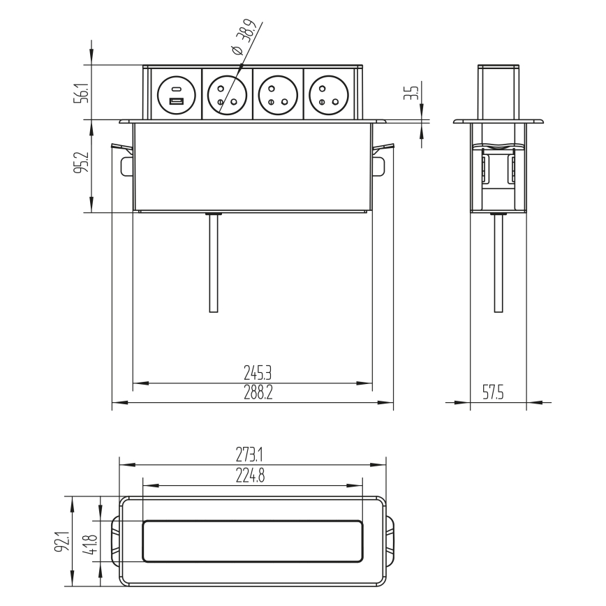 Columna de enchufes para mesa 3x230 V + USB-A + USB-C
