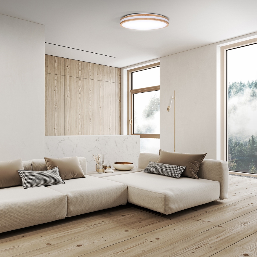 Plafón LED regulable WOODY LED/48W/230V 3000-6500K roble d. 38 cm + control remoto