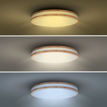 Plafón LED regulable WOODY LED/48W/230V 3000-6500K roble d. 38 cm + control remoto