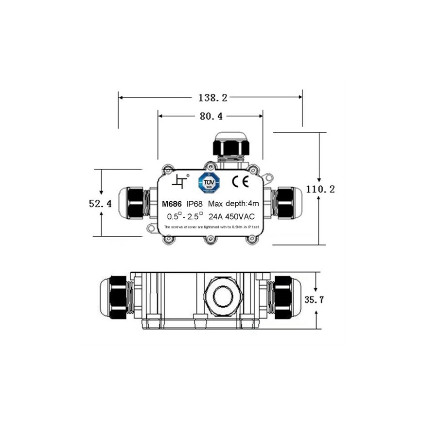 Caja de conexión impermeable 24A/450V AC IP68