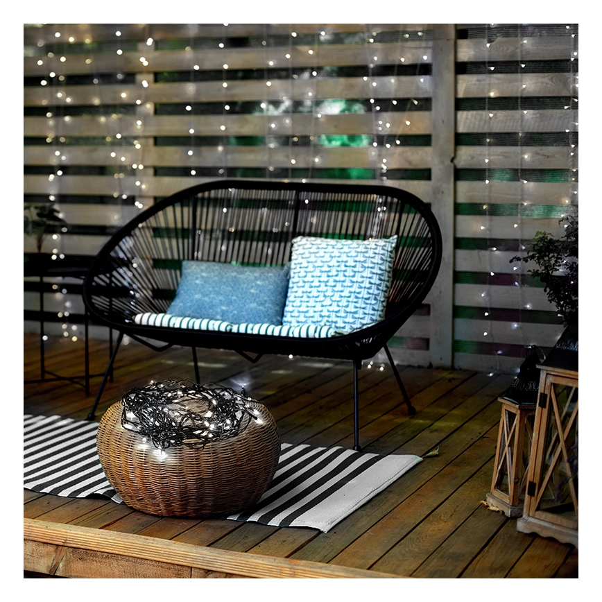 Cadena luminosa LED para exterior 100 LEDs/8 funciones IP44 13 m blanco frío