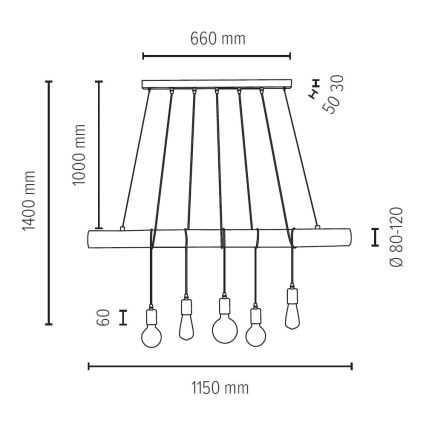 Lámpara colgante TRABO 5xE27/60W/230V pino