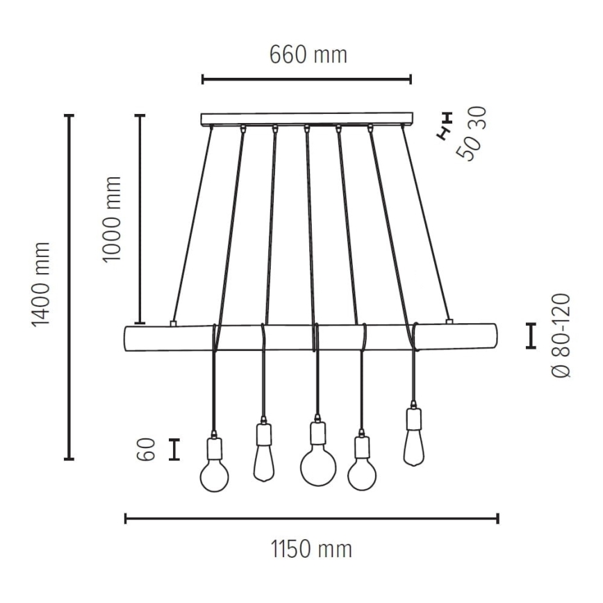 Lámpara colgante TRABO 5xE27/60W/230V pino