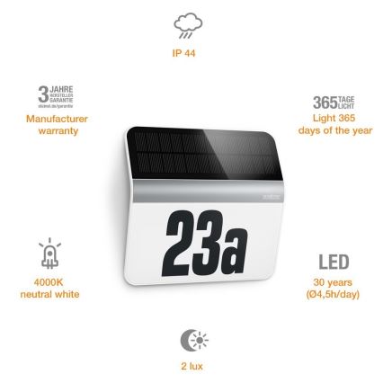 STEINEL 007140 - Número de casa LED solar XSolar LH-N LED/0,03W acero inoxidable IP44 2500 mAh