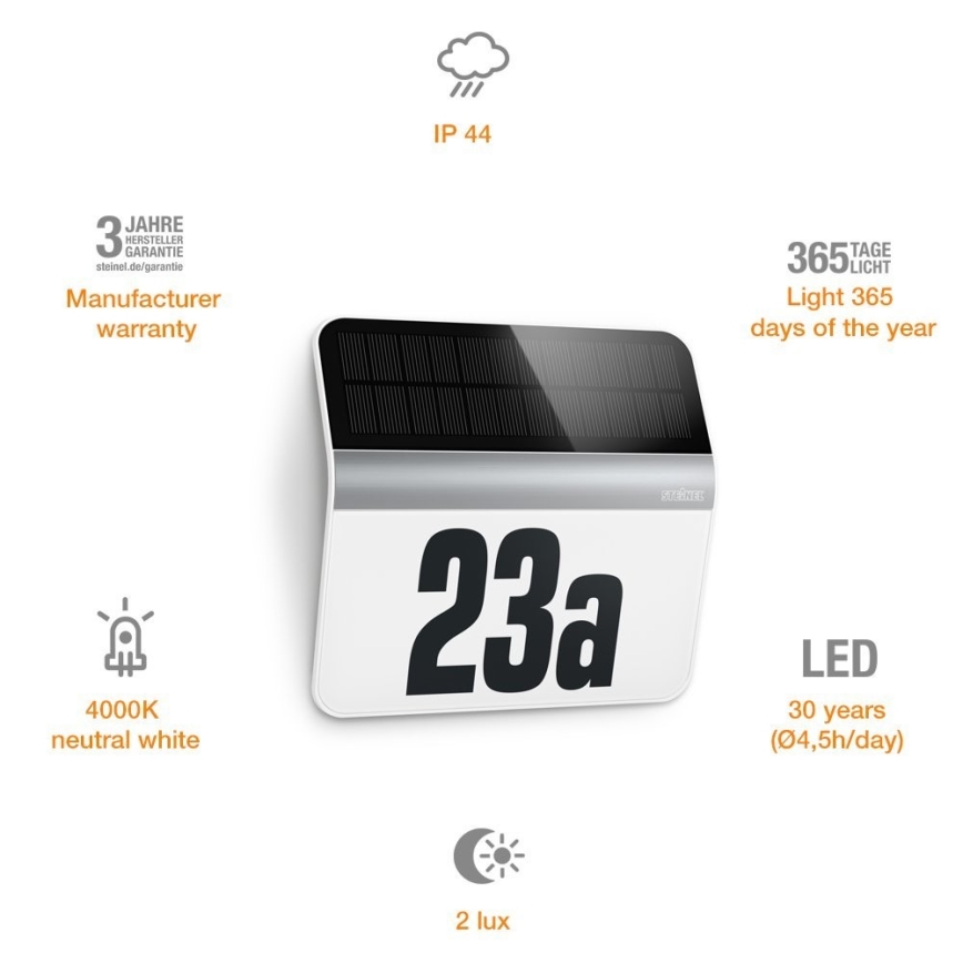 STEINEL 007140 - Número de casa LED solar XSolar LH-N LED/0,03W acero inoxidable IP44 2500 mAh
