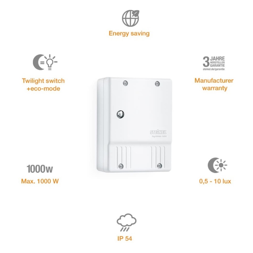 STEINEL 550615 - Interruptor crepuscular NightMatic 3000 Vario blanco IP54