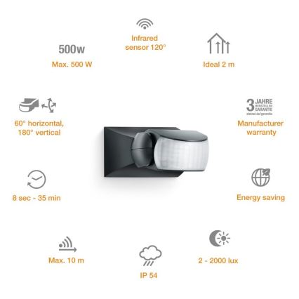 STEINEL 600419 - IS-1 Sensor de infrarrojos para exteriores negro IP54