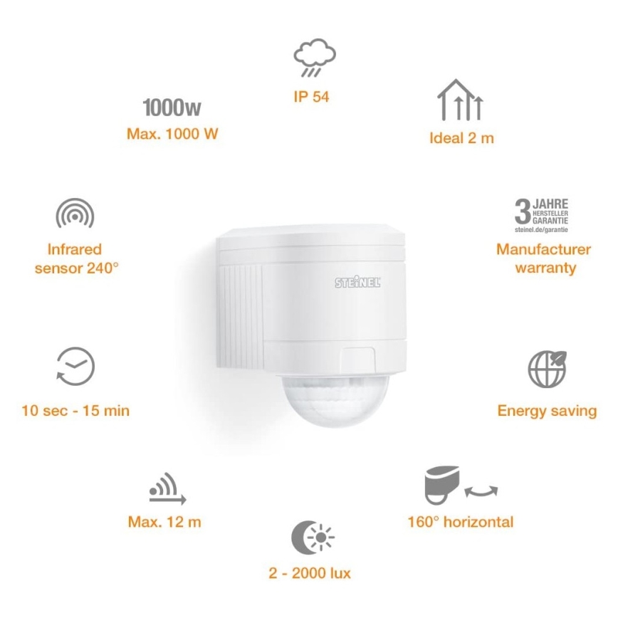 STEINEL 602819 - Sensor de pared infrarrojos exterior IS240 blanco IP54