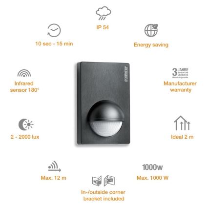 STEINEL 603113 - Sensor de movimiento exterior IS 180-2 negro IP54