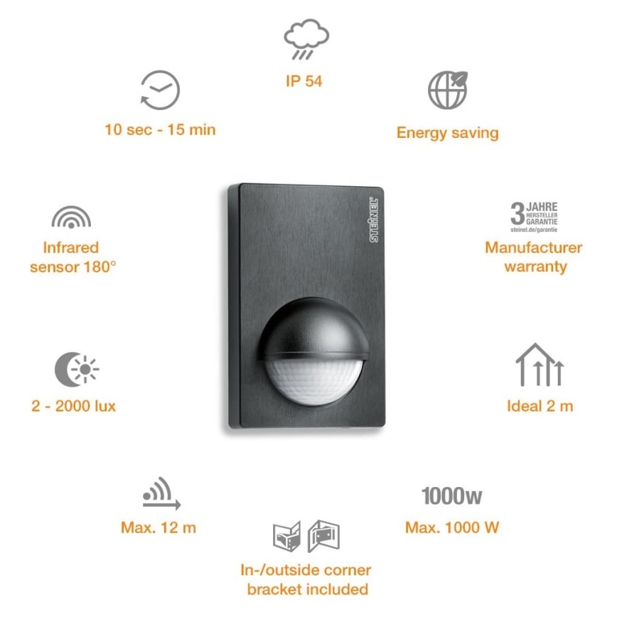 STEINEL 603113 - Sensor de movimiento exterior IS 180-2 negro IP54