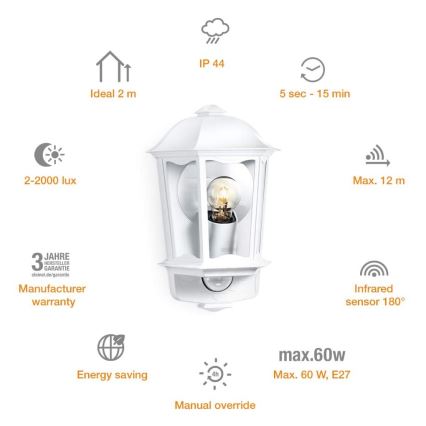 Steinel 644512 - Lámpara de pared de exterior con sensor L 190 S 1xE27/100W/230V IP44