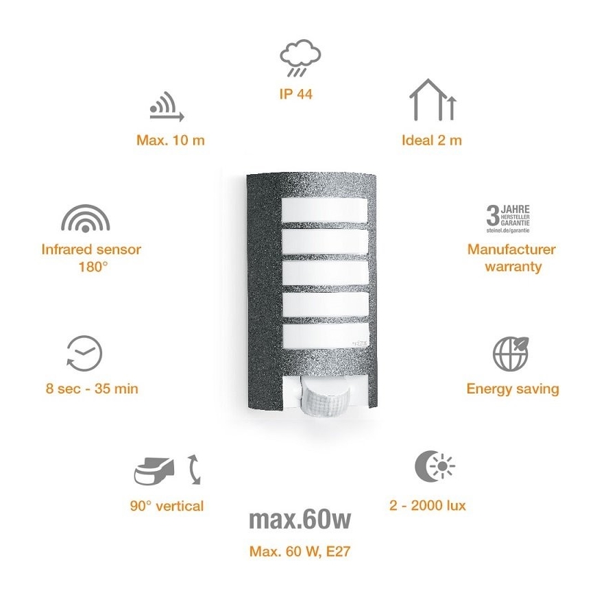 STEINEL 657819 - Lámpara de exterior con sensor L12 1xE27/60W/230V IP44