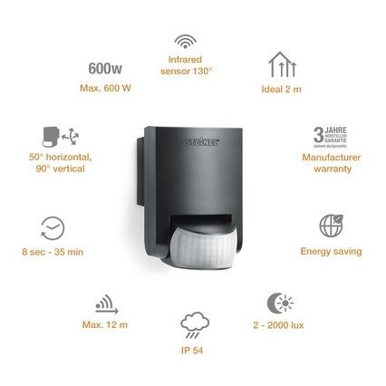 STEINEL 660215 - Detector de movimiento exterior IS 130-2 negro IP54