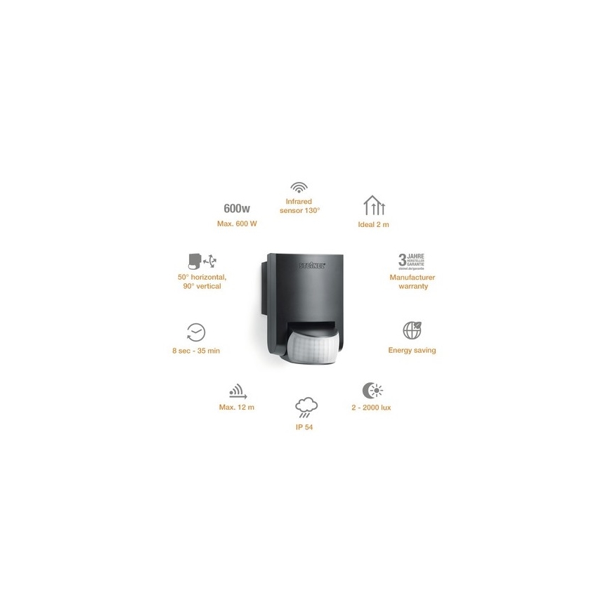 STEINEL 660215 - Detector de movimiento exterior IS 130-2 negro IP54