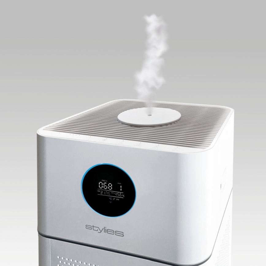Stylies - Purificador de aire ALPHA con humidificador y lámpara UV-C, 68W/230V, Wi-Fi, blanco