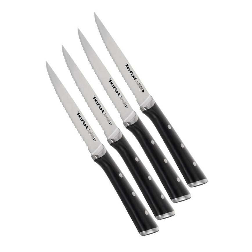 Tefal - Set de 4 cuchillos para filete ICE FORCE de acero inoxidable, 11 cm, cromo brillante/negro
