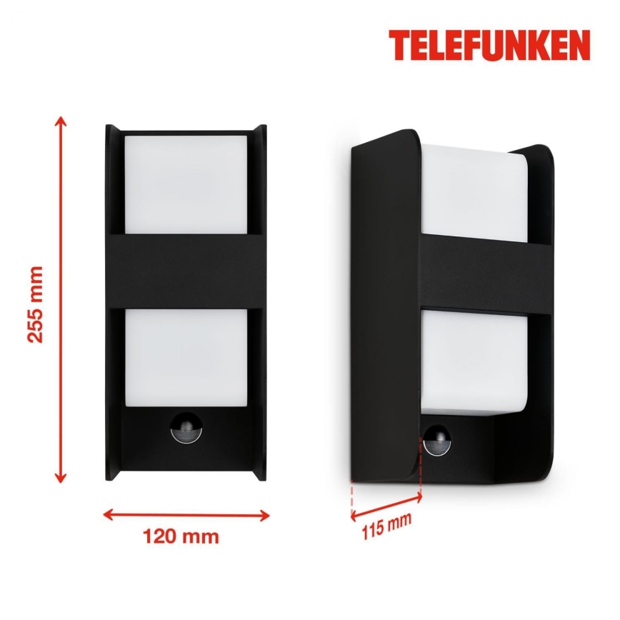 Telefunken 321105TF - Aplique para exterior con sensor 1xE27/12W/230V IP44 negro