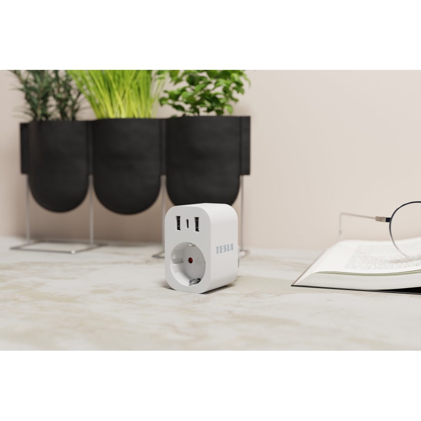 TESLA Smart - Toma inteligente 3680W/230V/16A Type F/E 2xUSB-A + 1xUSB-C Wi-Fi