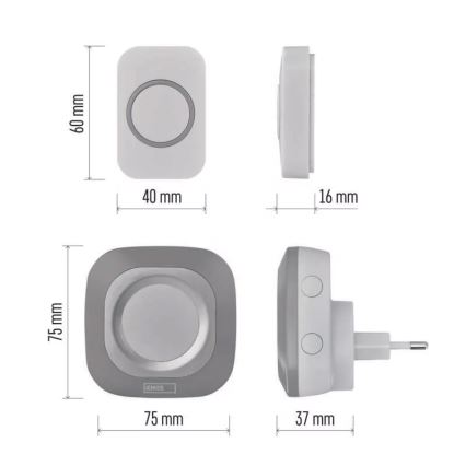 Timbre inalámbrico con enchufe integrado 230V + 1xCR2032 IP44 gris