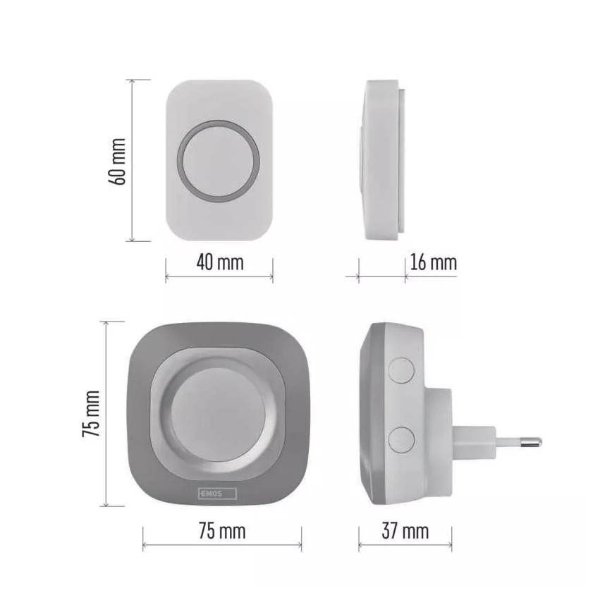 Timbre inalámbrico con enchufe integrado 230V + 1xCR2032 IP44 gris
