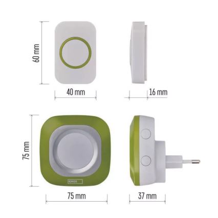 Timbre inalámbrico con enchufe integrado 230V + 1xCR2032 IP44 verde