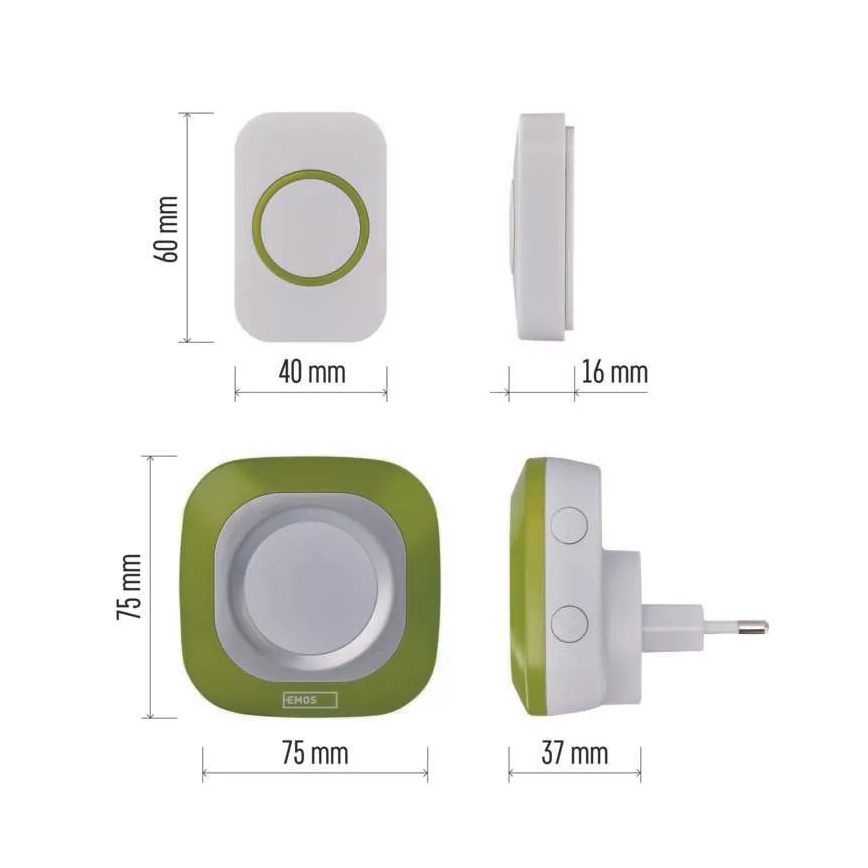 Timbre inalámbrico con enchufe integrado 230V + 1xCR2032 IP44 verde