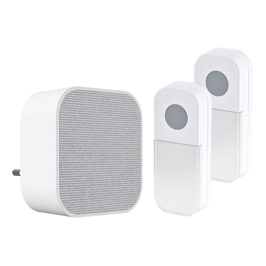 Timbre inalámbrico con enchufe integrado 230V + 2x botón IP44 blanco