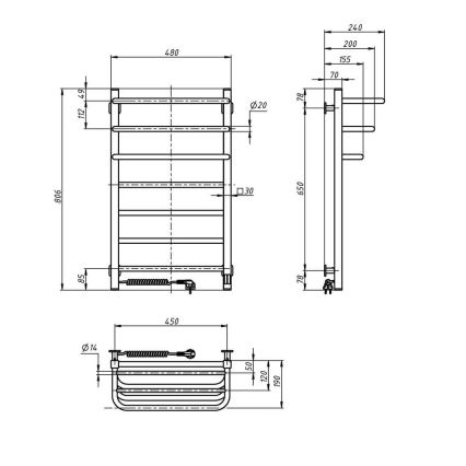 Toallero eléctrico con termostato FORTIS 155W 80x48 cm  blanco izquierdo