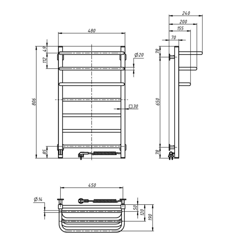Toallero eléctrico con termostato FORTIS 155W 80x48 cm, blanco, lado derecho