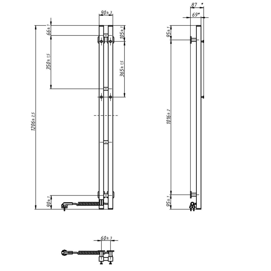 Toallero eléctrico con termostato SILOUETTE 187W/230V 120,6 cm IP44 negro derecho cuadrado