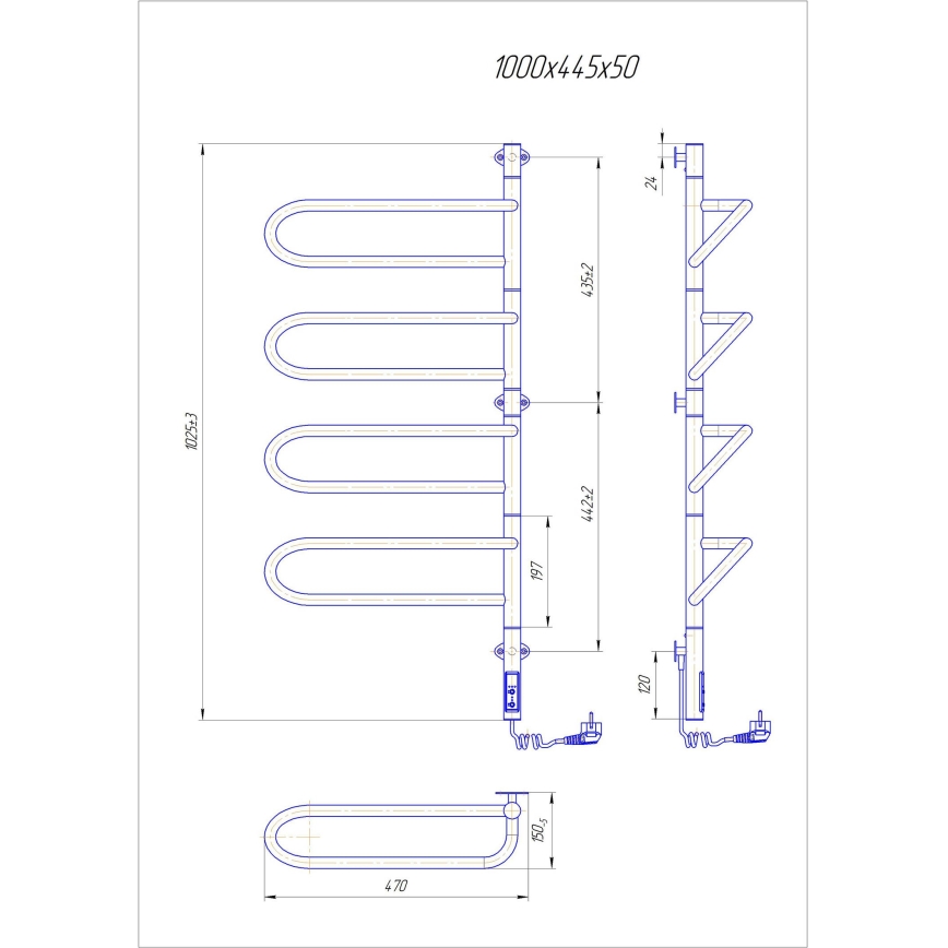 Toallero eléctrico giratorio ELECTRA 120W/230V 102,5x44,5 cm, acero inoxidable/cromo, lado derecho