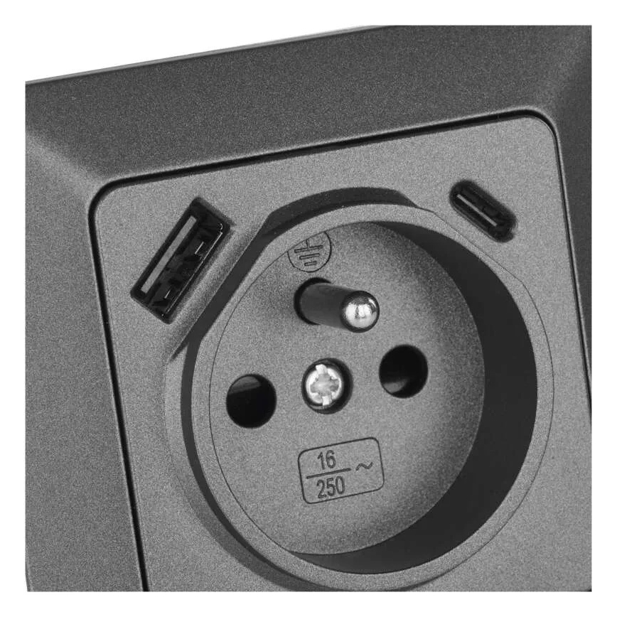 Toma de corriente doméstica FRENCH con USB‑A y USB‑C, 250V/16A, antracita