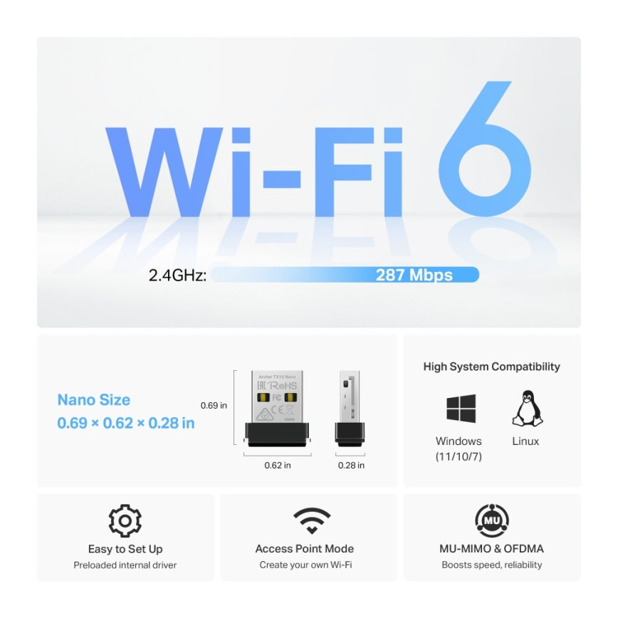TP-Link - Adaptador nano USB Wi-Fi 6 inalámbrico