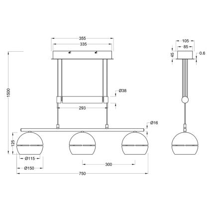 Trio - Lámpara colgante FLETCHER 3xE14/40W/230V latón