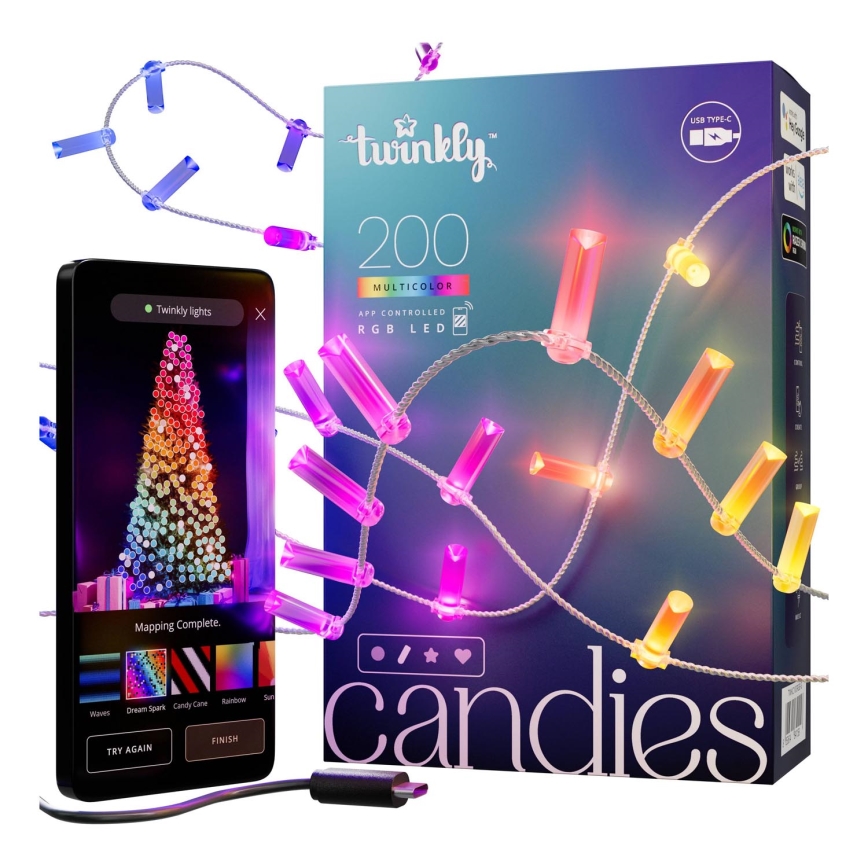 Twinkly - LED RGB Regulable Cinta de Navidad CANDIES 200xLED 14 m USB Wi-Fi