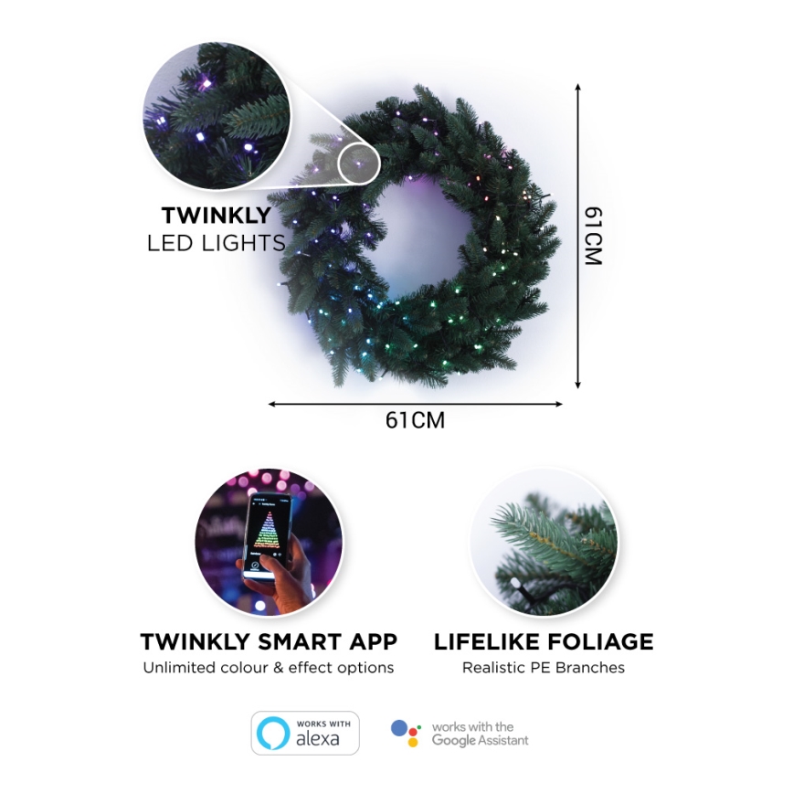 Twinkly - LED RGB Regulable Corona de Navidad PRE-LIT WREATH 50xLED diá. 61cm Wi-Fi