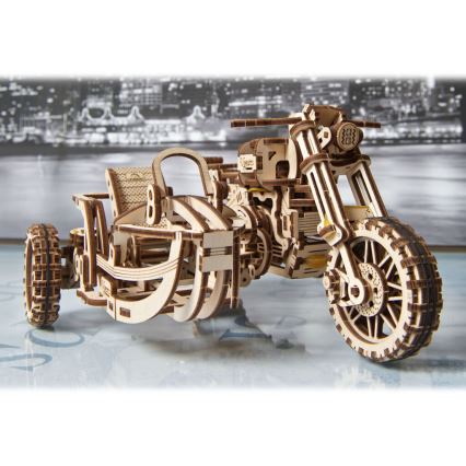 Ugears - Puzzle mecánico 3D de madera motocicleta Scrambler con remolque
