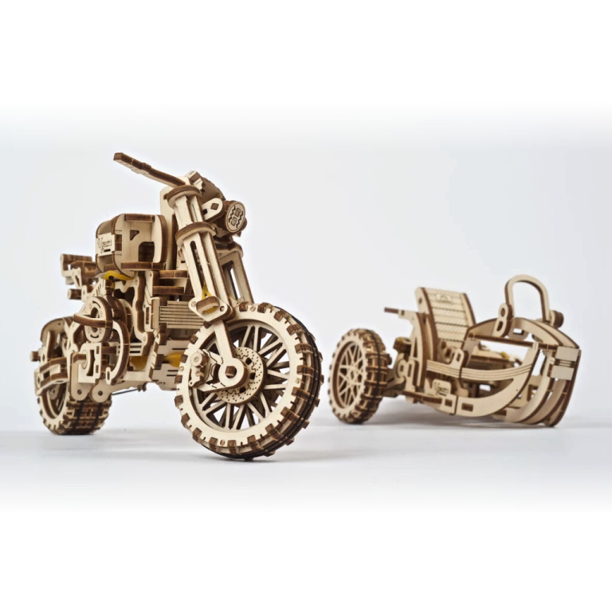 Ugears - Puzzle mecánico 3D de madera motocicleta Scrambler con remolque