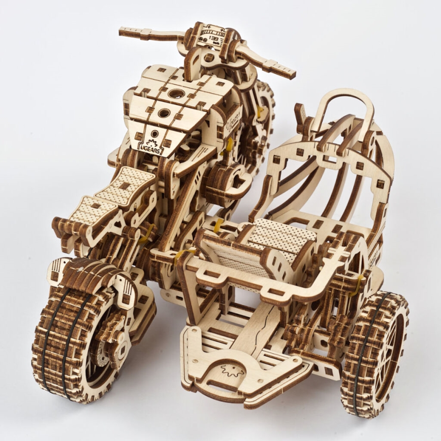 Ugears - Puzzle mecánico 3D de madera motocicleta Scrambler con remolque