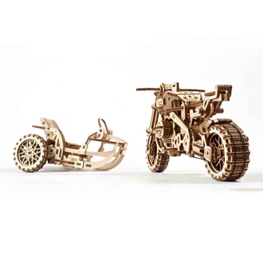 Ugears - Puzzle mecánico 3D de madera motocicleta Scrambler con remolque