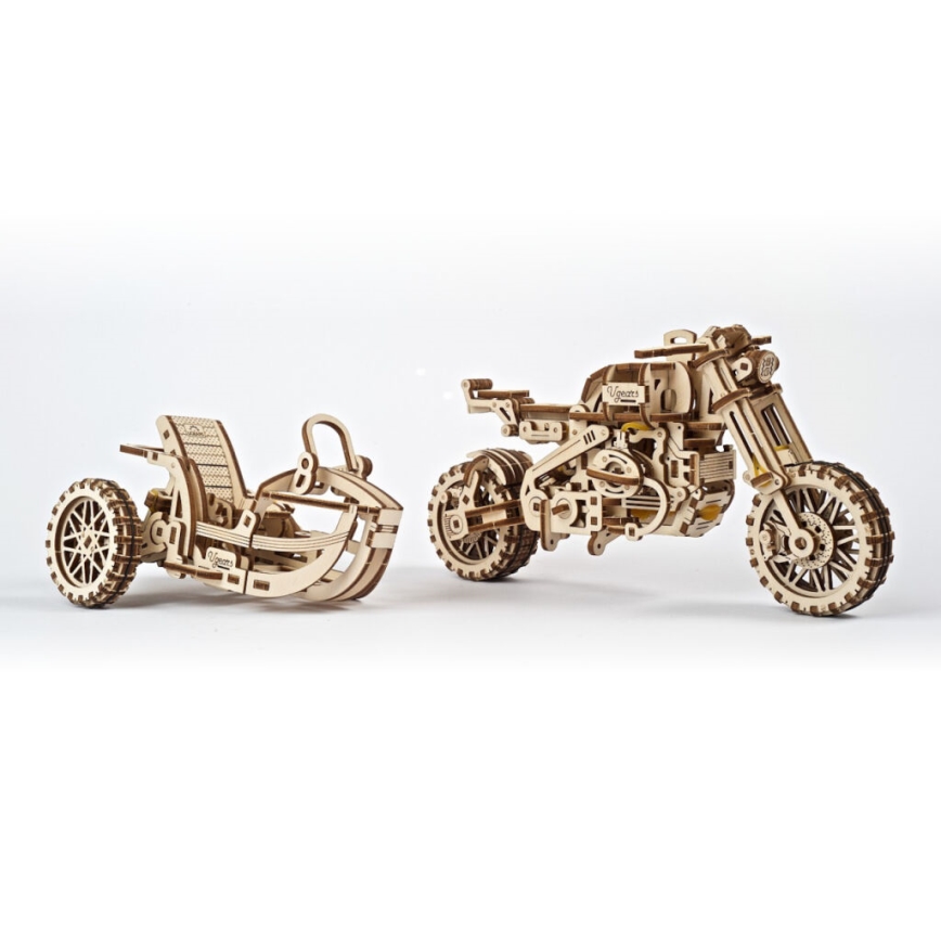 Ugears - Puzzle mecánico 3D de madera motocicleta Scrambler con remolque