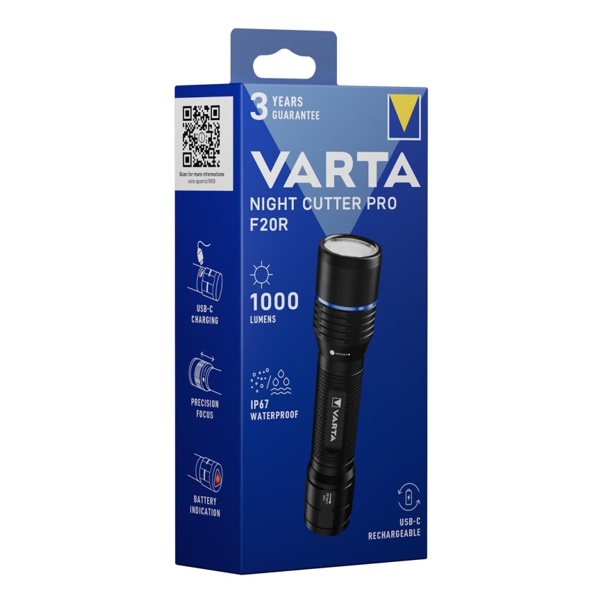 Varta 18920101111 - Linterna recargable LED NIGHT CUTTER PRO F20R LED/USB IP67 2600 mAh